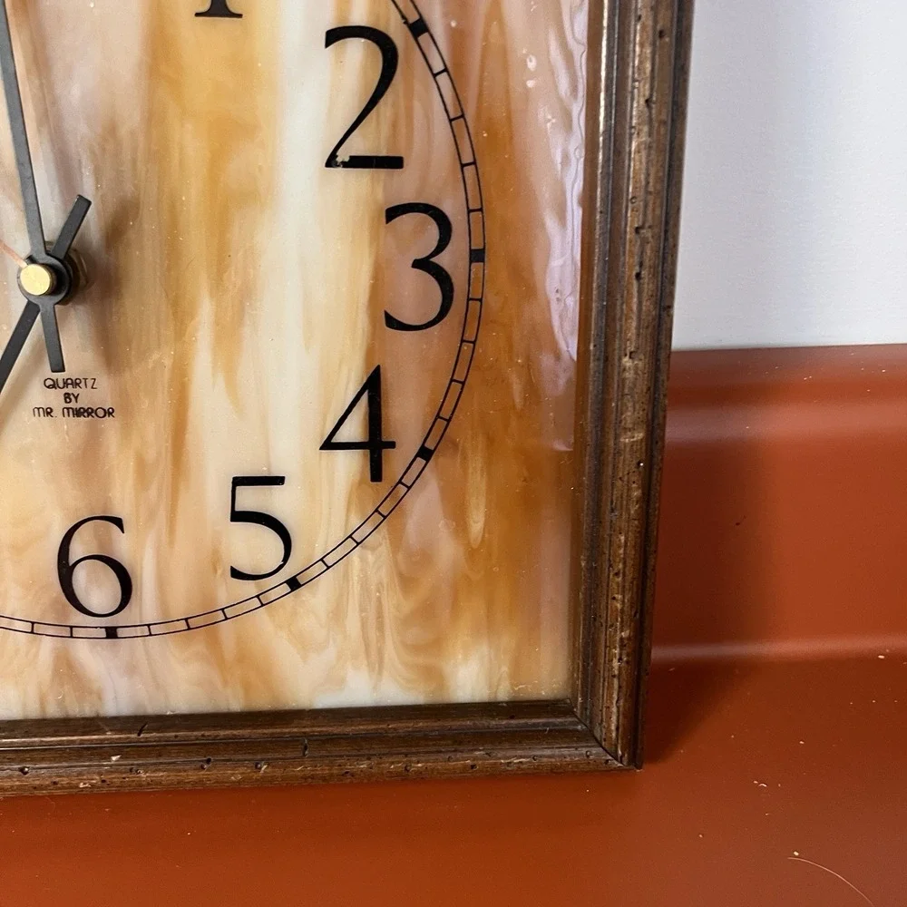 VNTG Mr. Mirror Slag Glass Mid Century Square Wall Clock‎ MCM Wood Frame Works